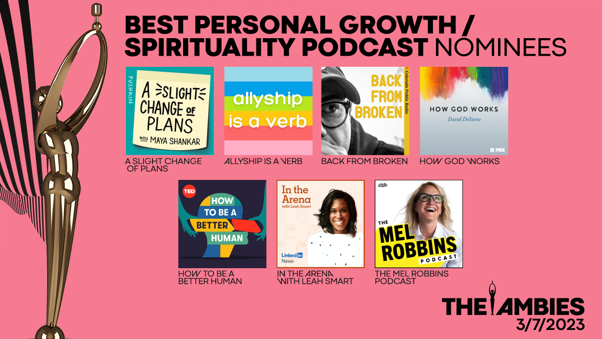 The Ambies Best Personal Growth and Spirituality Podcast nominees graphic, featuring Allyship Is a Verb